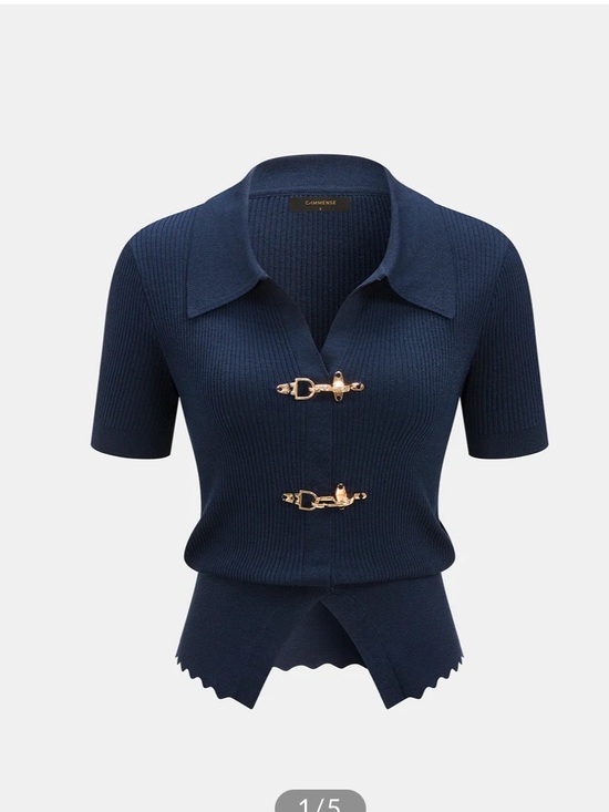 Commense Tops - Commense Navy Short-Sleeve Ribbed Polo with Scalloped Hem